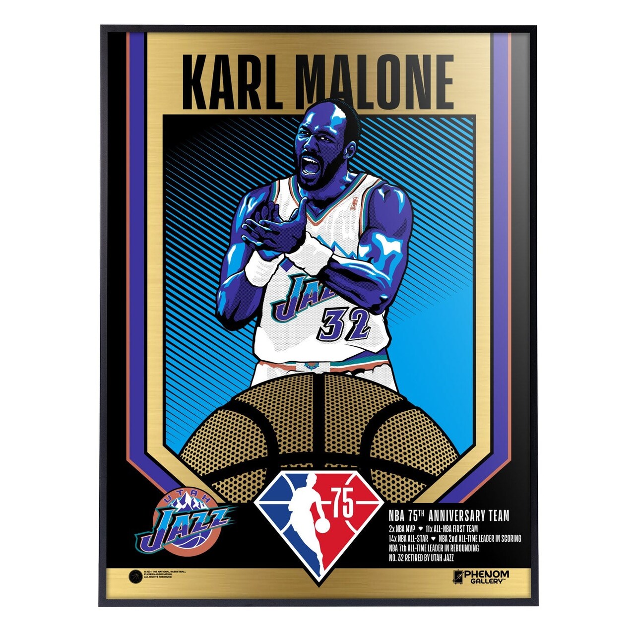 Phenom Gallery Utah Jazz 75th Anniversary Karl Malone 18" x 24" Deluxe Framed Gold Foil Serigraph